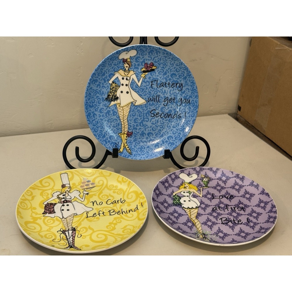 Set of 3 Delish Girls‎ w Attitude Salad Dessert Plates  8" Purple Yellow Blue